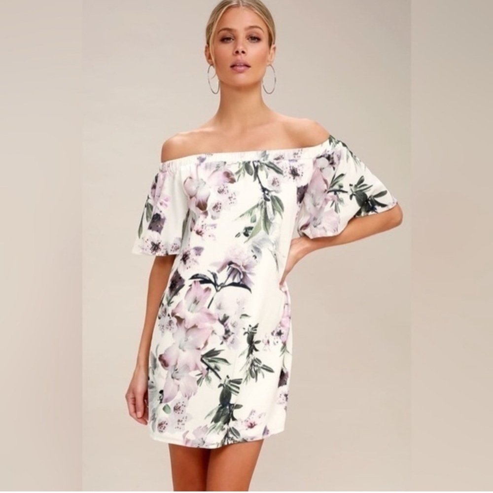 Lulu's White Off-Shoulder Floral Shift Dress with Pink & Green Accents